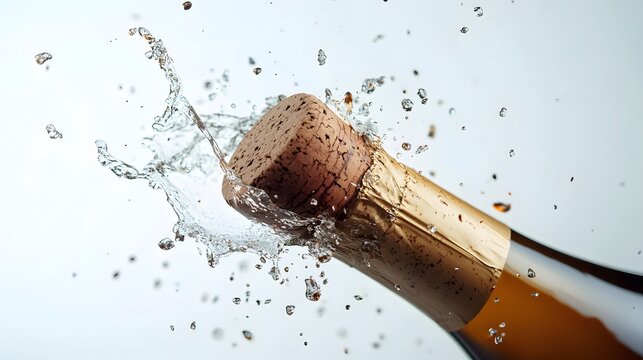 A cork from a wine bottle popping mid-air over a white background.