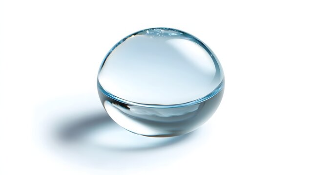 A crystal-clear droplet of water suspended in the air over a white backdrop.