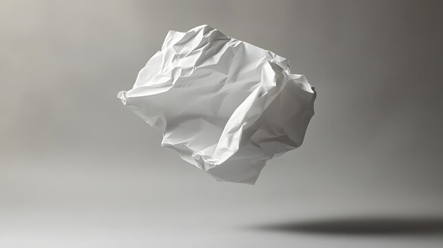 A crumpled piece of white paper floating mid-air over a gray backdrop.
