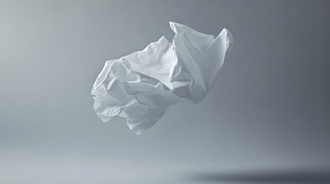 A crumpled piece of white paper floating mid-air over a gray backdrop.
