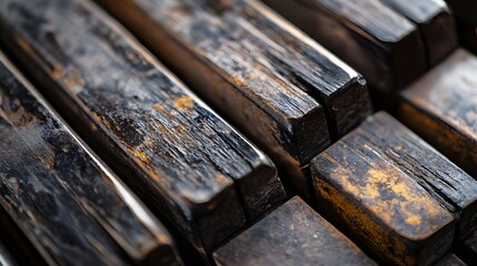 A detailed close-up of worn piano keys showing their age and use.