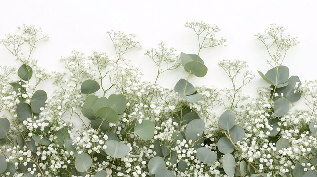 A white flower field with green leaves and white flowers - Powered by Adobe
