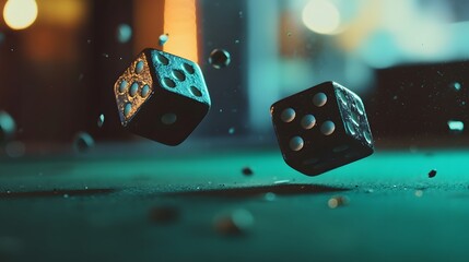 A detailed shot of a craps stick moving a pair of dice across a vibrant green table.