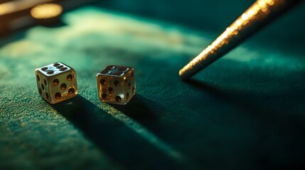 A detailed shot of a craps stick moving a pair of dice across a vibrant green table.