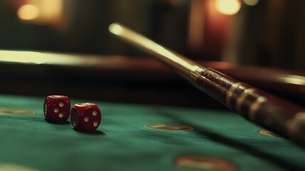 A detailed view of a classic craps stick pushing red dice across the table.