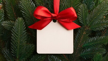festive christmas tag with red bow on evergreen tree for holiday decoration