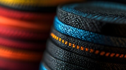 A detailed view of a stack of poker chips showing their textured edges and vivid colors.