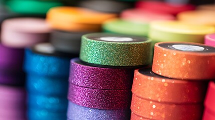 A detailed view of a stack of poker chips showing their textured edges and vivid colors.