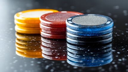 A detailed view of a stack of poker chips showing their textured edges and vivid colors.