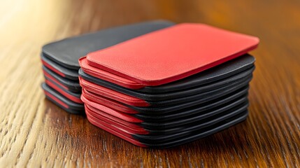 A detailed view of a stack of red and black poker chips arranged neatly beside playing cards.