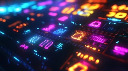 A detailed view of the payout table on a slot machine glowing with vibrant symbols.