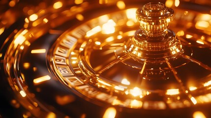 A detailed view of the spinning numbers on a roulette wheel illuminated by soft golden light.