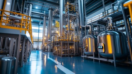 Industrial facility interior with large tanks and pipes.