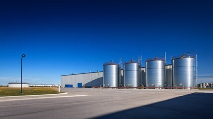 Obraz premium Industrial facility with large storage tanks under a clear blue sky.