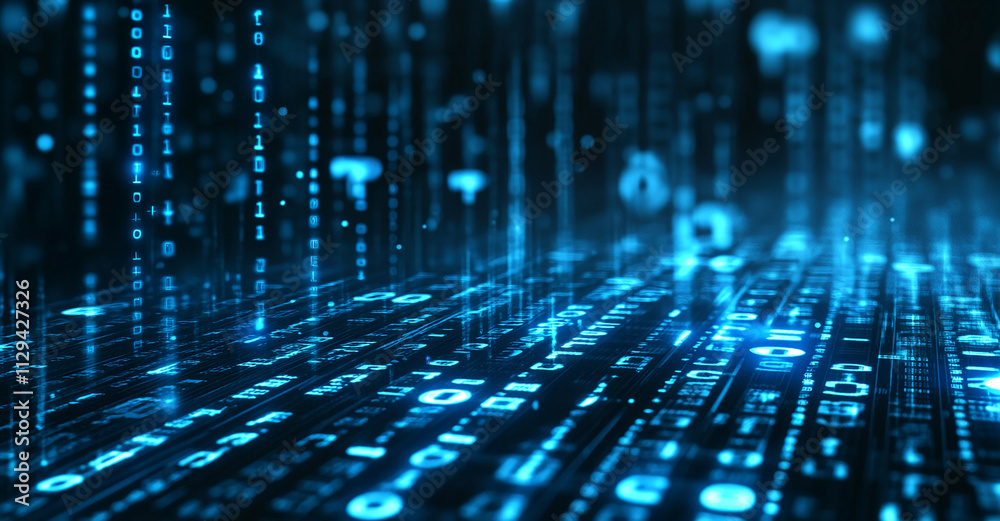 Poster Exploring a digital landscape with flowing data streams and binary codes at night