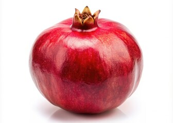 Exploding macro of juicy pomegranate seeds, vibrant red against a pristine white backdrop.