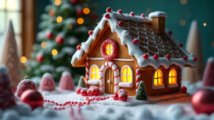 A Whimsical Gingerbread House Decorated for Christmas with Candy Accents and a Charming Snowy Backdrop
