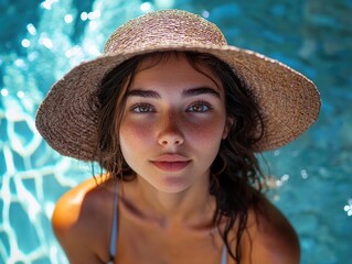 Woman with straw hat by pool