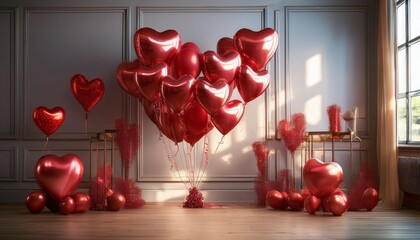 a bunch of red heart shaped balloons floating in a room decorated for valentine s day
