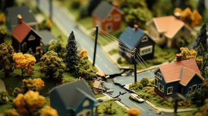 A detailed scale model displays a suburban neighborhood affected by flooding, with houses surrounded by water and fallen power lines amidst autumn foliage. Generative AI