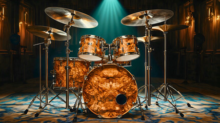 Fototapeta premium A beautifully detailed drum kit, with shiny cymbals and wooden drum shells, set up in a dimly lit studio with spotlighting, creating a dramatic and artistic atmosphere. 