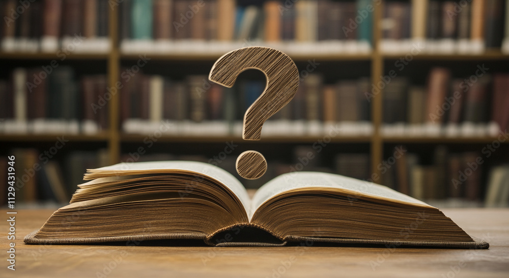 Leinwandbilder open book with a question mark in a library filled with books during daylight hours