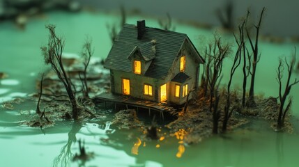 Naklejka premium A small house with illuminated windows sits on a platform in a body of water, surrounded by dark trees, creating a mysterious and tranquil atmosphere at dusk. Generative AI