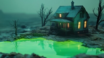 Fototapeta premium An abandoned house stands eerily illuminated at dusk, surrounded by a glowing green pond and sparse, dead trees, creating a haunting atmosphere. Generative AI