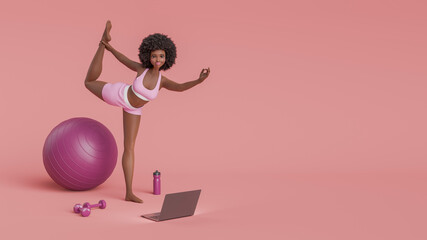 Cartoon fitness trainer performing online yoga class with laptop, weights, and fitness ball