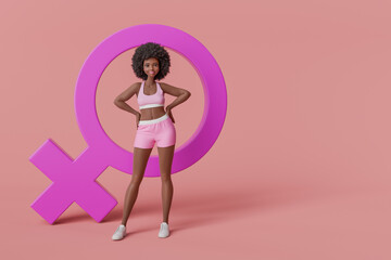 Sporty cartoon woman standing with giant female gender symbol