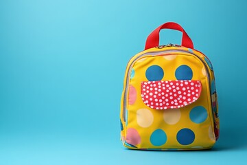 Bright yellow preschool backpack with polka dots and red handle on a turquoise background, ready...