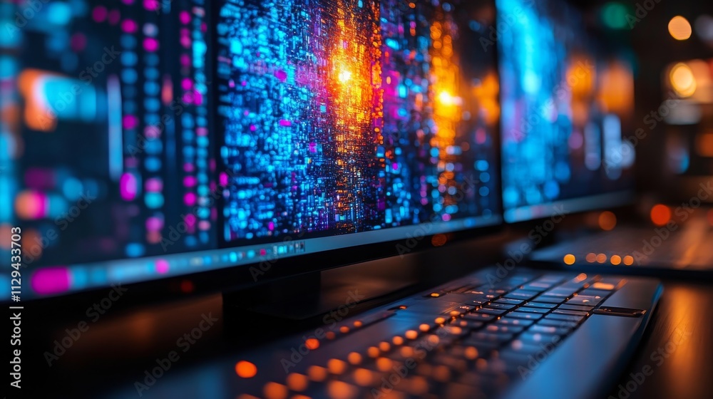 Poster modern computer setup displaying vibrant data visualization at a tech office in the evening