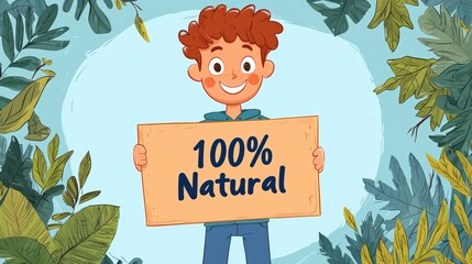A cheerful child holds a sign that says "100% Natural," surrounded by lush green foliage, promoting a message of health and environmental friendliness.