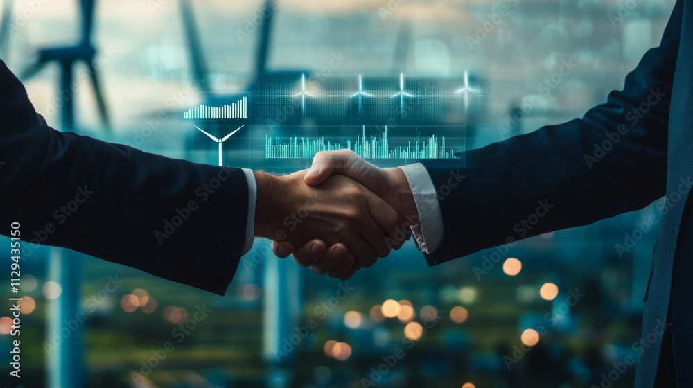 Poster two individuals are shaking hands in a dynamic environment representing sustainable finance. the bac