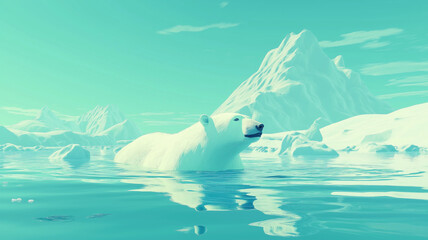 An evocative generative AI illustration capturing a polar bear swimming amidst small icebergs under clear blue skies, reflecting its gentle essence in the tranquil water. Generative AI