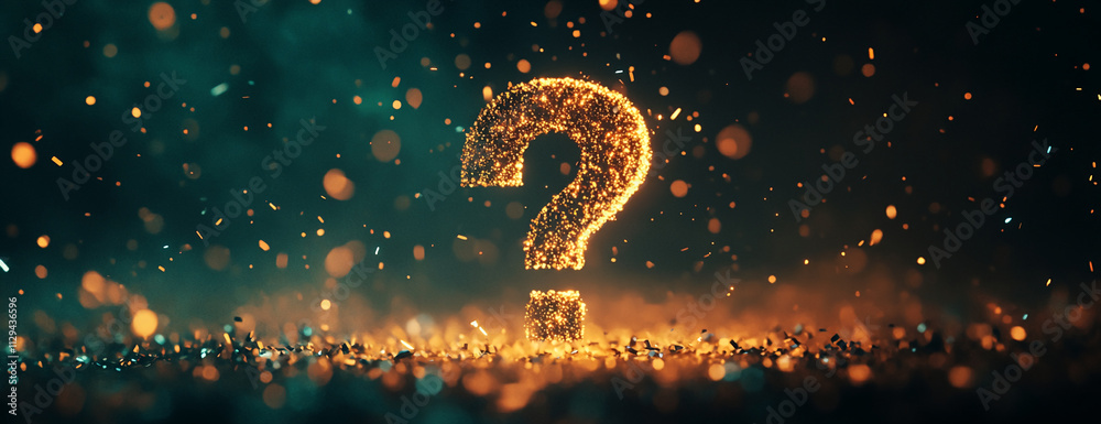 Aufkleber Mysterious glowing question mark symbolizing curiosity and inquiry in a dark, enchanting space with shimmering lights