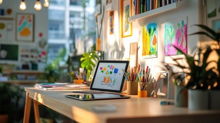 This bright workspace showcases a clean desk with an iPad displaying colorful sketches, surrounded by vibrant artwork and green plants in a cozy studio setting. Generative AI