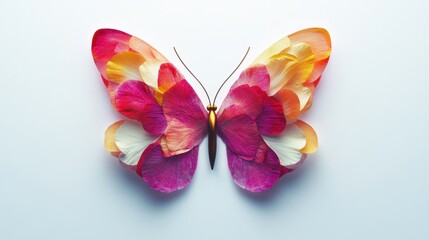 Craftsmanship showcases a butterfly design created with vibrant petals of roses in various shades arranged symmetrically on a neutral backdrop. Generative AI