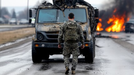 A lone man strides purposefully down the road, his silhouette framed against an imposing truck, embodying a moment of journey and connection with the open landscape.