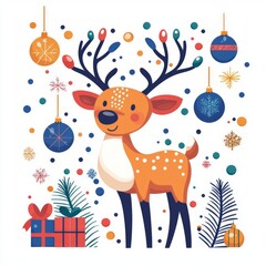 Naklejka premium Cute cartoon reindeer with festive decorations.