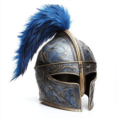knight's helmet with blue plume isolated on white background