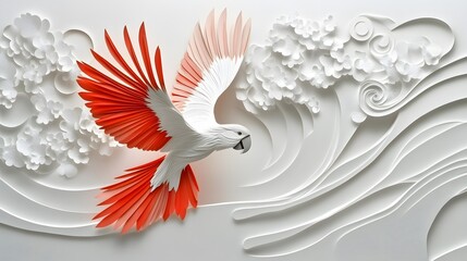 Macaw with Flowers, Formed With Paper Cut Art, Abstract Image, Texture, Pattern Background, Wallpaper, Cover and Screen of Smartphone, PC, Laptop, 9:16 and 16:9 Format