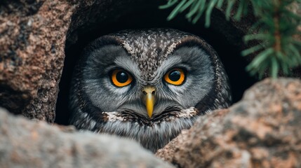 An inquisitive owl peers out from a cozy hollow, its wide eyes capturing the essence of the night, surrounded by the gentle embrace of nature's tranquility.