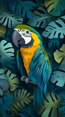 Obraz premium Macaw with Flowers, Formed With Paper Cut Art, Abstract Image, Texture, Pattern Background, Wallpaper, Cover and Screen of Smartphone, PC, Laptop, 9:16 and 16:9 Format