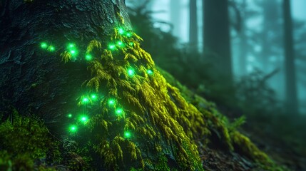 A tree covered in vibrant bioluminescent moss in a foggy forest.