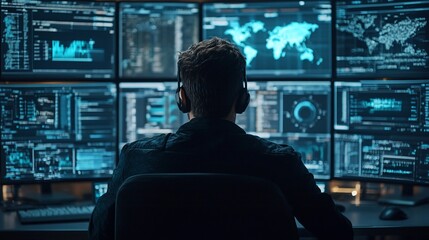 Rear view of a programmer working with multiple monitors displaying data and code.