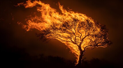 Fototapeta premium A tree shaped like a phoenix glowing in fiery hues against a darkened sky.