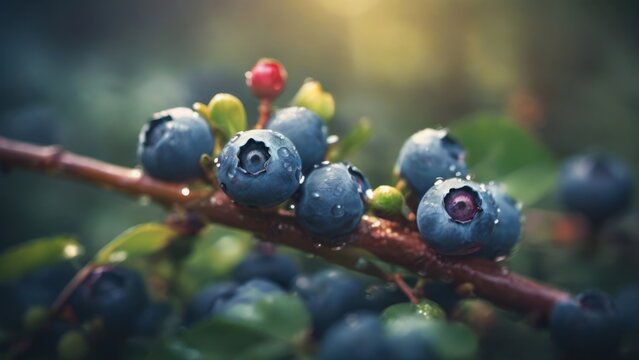 blue berries on a bush with a shallow depth  background for copy space