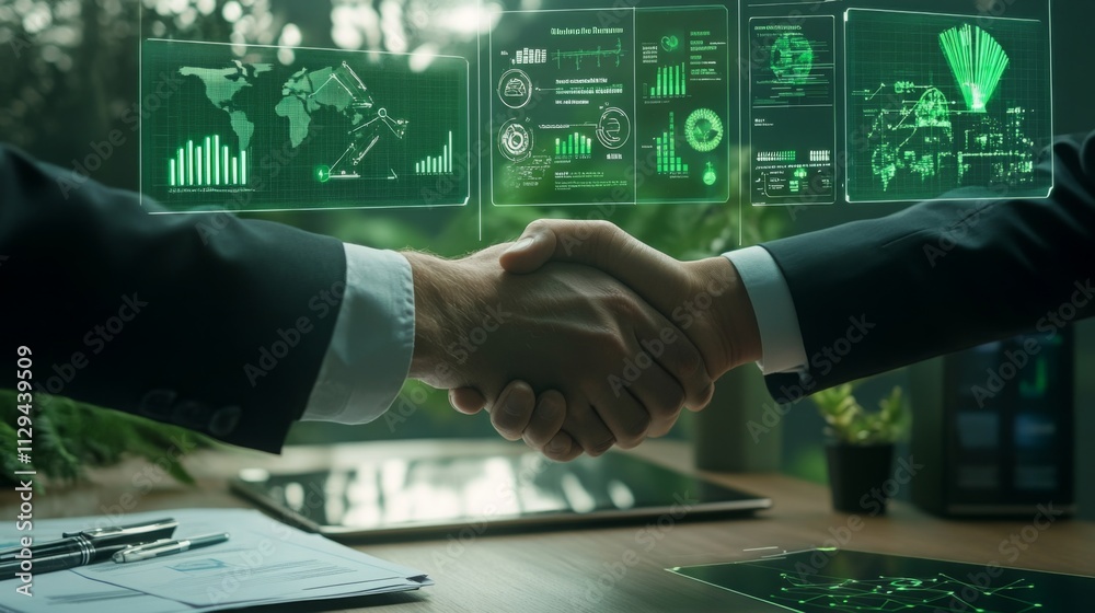Poster two professionals shake hands, signifying a partnership focused on sustainable finance solutions. th
