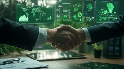 Two professionals shake hands, signifying a partnership focused on sustainable finance solutions. The background features digital graphs and charts, highlighting the role of AI in this initiative.